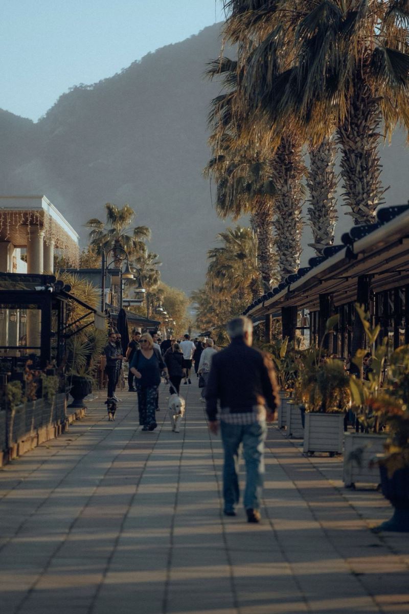 Fethiye sahil yürüyüş yolu, palmiyeler ve körfez manzarası