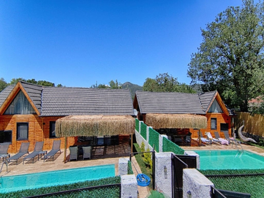 Villa Dream 1'in doğayla iç içe konumda bulunan özel havuzu ve ahşap bohem mimariye sahip dış cephesi.