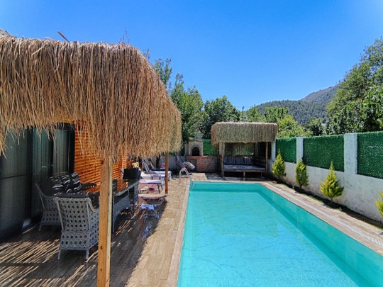 Fethiye Kayaköy'de yer alan Villa Dream 1'in geniş özel havuzu, güneşlenme alanı ve muhafazakâr bahçesi.
