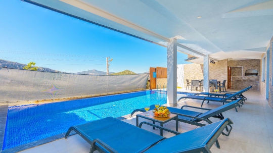 Villa Sidney 3’ün korunaklı özel yüzme havuzu, şezlongları ve doğa manzaralı ferah dış yaşam alanı.