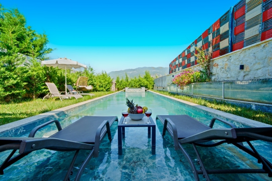 Seydikemer Demirler Köyü'ndeki Villa Demirbey Konağı'nın özel havuzunda serinleyerek doğa ile iç içe ayrıcalıklı bir tatil yaşayın.