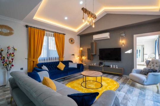 Villa Ece açık mutfak salon modern oturma grubu Fethiye