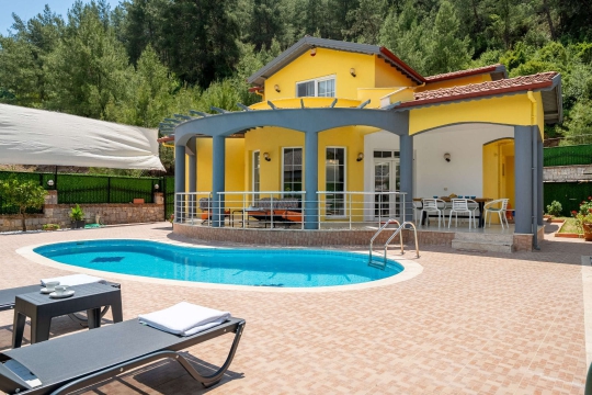 • Villa Semiz’in doğa manzaralı özel yüzme havuzu ve güneşlenme alanı