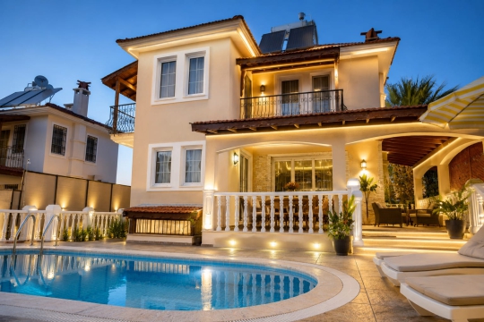 Fethiye Ovacık'ta bulunan Villa Aloha'nın modern dış mimarisi, özel havuzu ve ferah yaşam alanları konforlu bir tatil sunmaktadır.