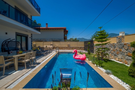 Villa Petra'nın uzun özel yüzme havuzu, geniş güneşlenme alanı ve modern mimarisiyle konforlu yaz tatili imkânı.