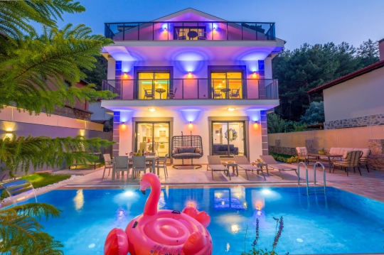 Yeşilüzümlü Villa Petra'nın gece ışıklandırmalı özel yüzme havuzu ve modern dış cephesiyle lüks villa atmosferi sunan görünümü.