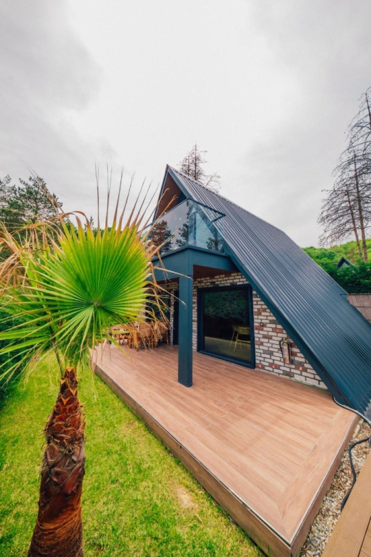 Palmiye ağacı ve çim bahçe ile çevrili, modern siyah kiremitli ve cam cepheli A-frame lüks suit.
